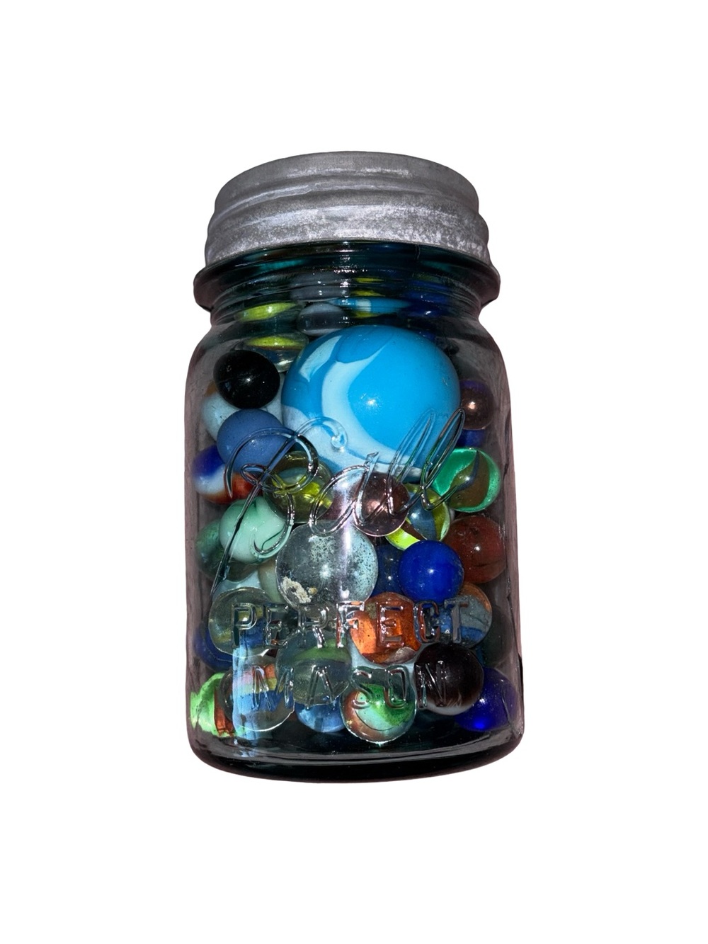 Vintage Blue Mason Jar Filled With Old Vintage Marbles 2Lbs